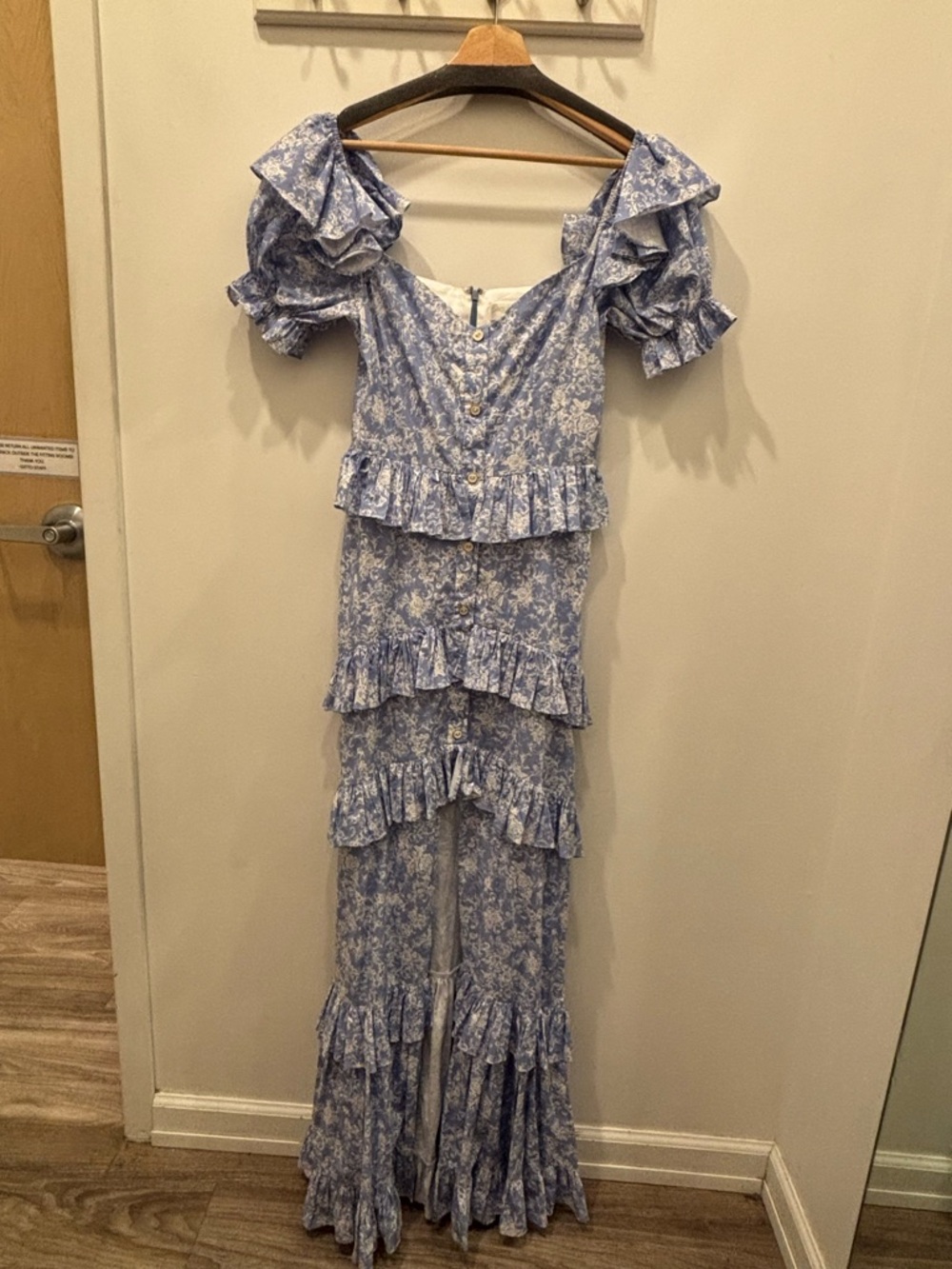 Caroline Constas Powder Blue Floral Ruffle Maxi Dress